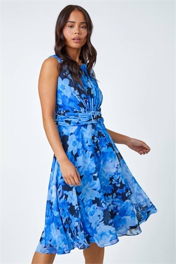 Blue Petite Floral Print Buckle Dress