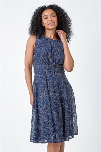 Blue Petite Lace Shimmer Belted Midi Dress