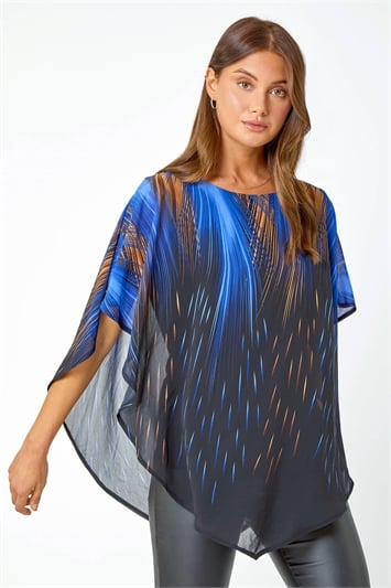Blue Abstract Chiffon Overlay Stretch Top