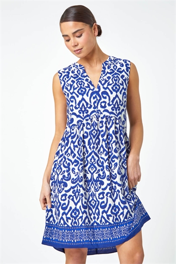 Blue Petite Sleeveless Aztec Print Tunic Dress