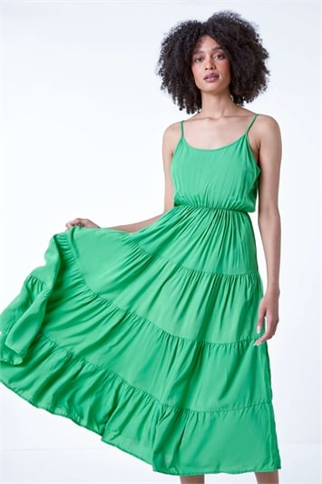 Green Plain Tiered Midi Dress