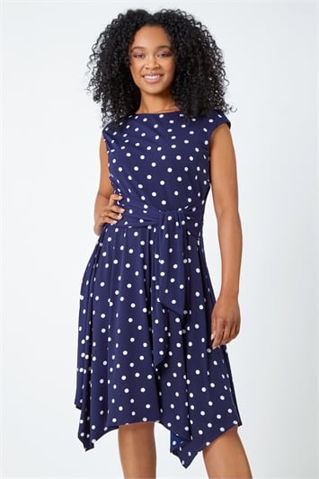 Blue Petite Polka Dot Tie Waist  Asymmetric Dress