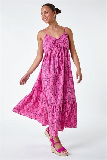 Pink Petite Paisley Tiered Cotton Midi Dress