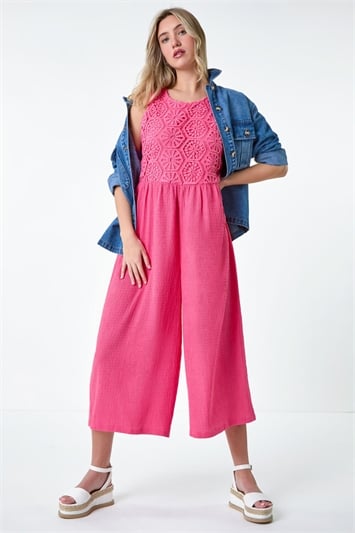 Pink Crochet Lace Wide Leg Jumpsuit