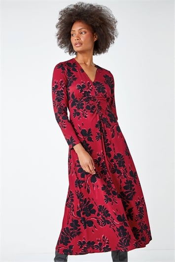 Red Floral Print Ruched Midi Stretch Dress