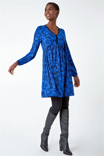 Blue Floral Print Stretch Jersey Dress