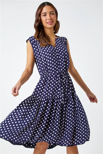 Blue Polka Dot Print Sleeveless Dress