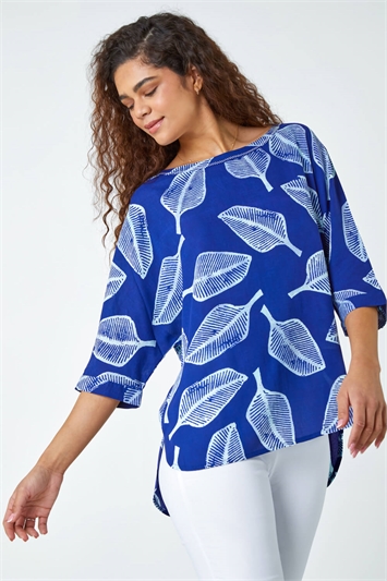 Blue Leaf Print Relaxed Tunic Top