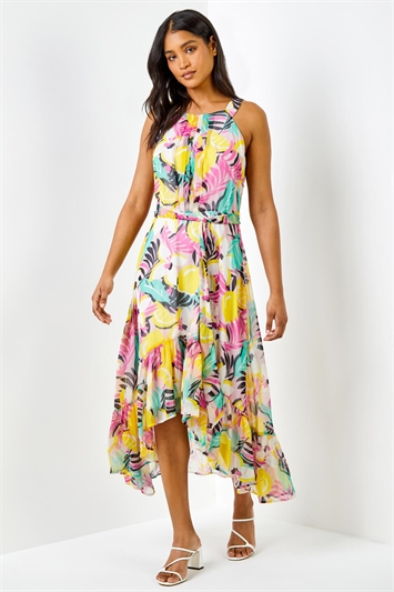Pink Halter Neck Tropical Print Dress, Image 3 of 5