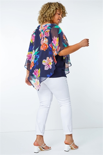 Navy Curve Floral Chiffon Overlay Top , Image 3 of 5