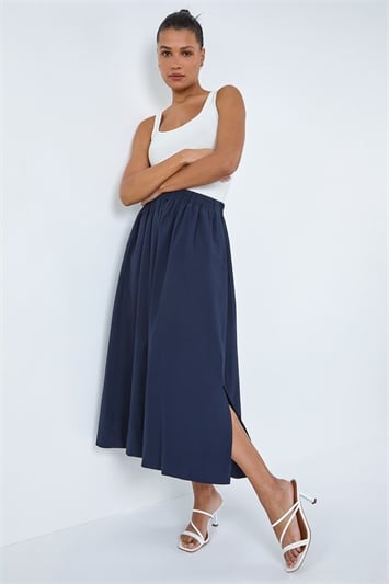 Blue Elastic Waist Cotton Poplin A Line Pocket Skirt
