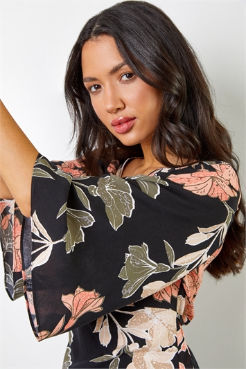 Black Tropical Print Ruched Tunic Top, Image 4 of 5