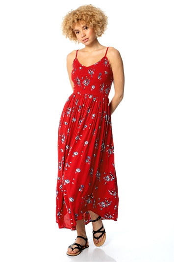 Red Strappy Shirred Floral Midi Dress