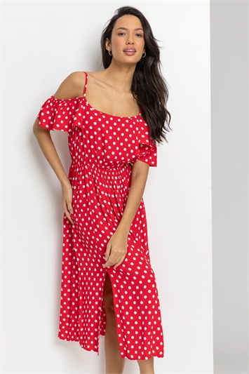 Red Spot Print Cold Shoulder Midi Dress