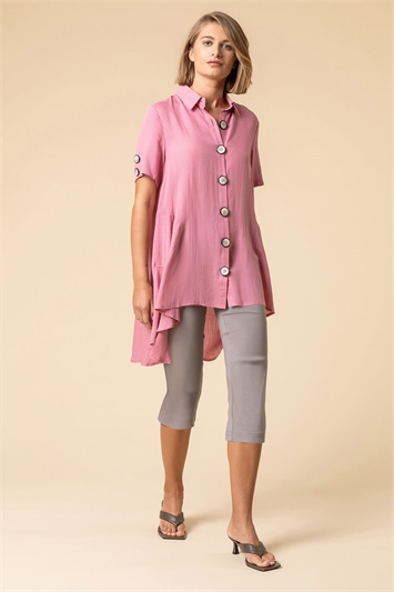 Pink Asymmetric Button Detail Pocket Shirt, Image 3 of 4