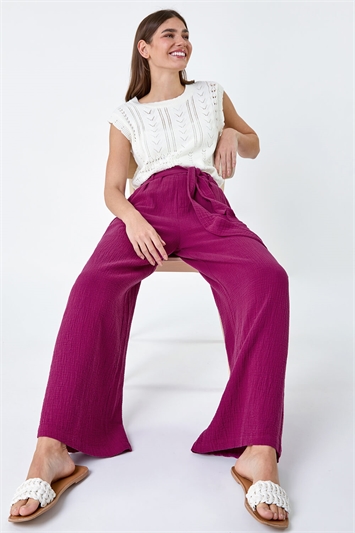 Pink Textured Cotton Wide Leg Trousers