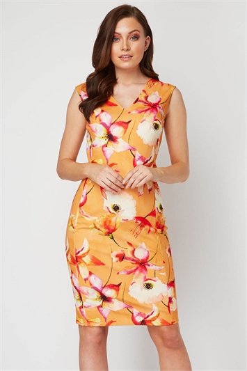 Orange Floral Print Scuba Dress