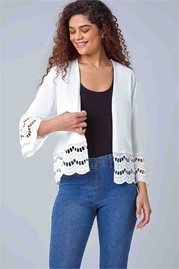 White Broderie Lace Trim Knit Shrug