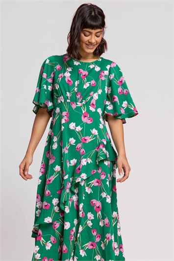 Green Floral Print Chiffon Midi Dress, Image 3 of 4