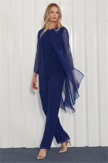 Navy Julianna Chiffon Embellished Top & Trouser Set