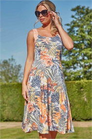 Orange Tropical Print Fit and Flare Dress