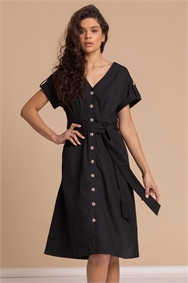Black Cotton Belted Midi Shirt Dress