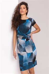 Blue Geo Print Twist Waist Dress