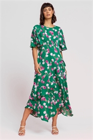 Green Floral Print Chiffon Midi Dress