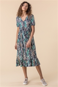 Blue Abstract Snake Print Tiered Dress