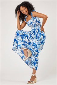 Blue Petite Tropical Print Shirred Maxi Dress 