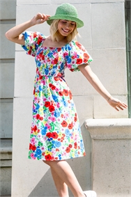 White Floral Puff Sleeve Cotton Dress