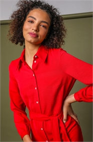 Red Tiered Midi Length Shirt Dress