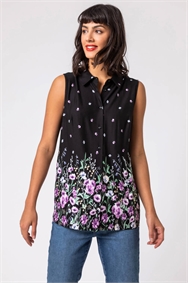 Black Floral Border Print Sleeveless Shirt