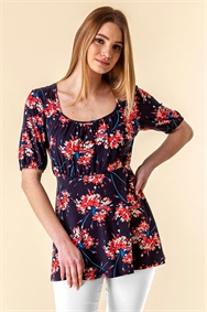 Navy Gathered Front Floral Top