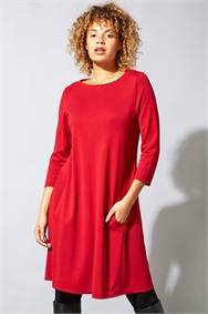 Red A-Line Pocket Detail Swing Dress