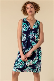 Navy Tropical Palm Print Shift Dress