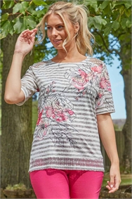 Khaki Floral Stripe Mesh Insert T-Shirt 
