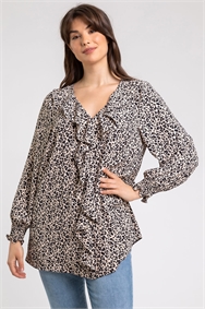 Beige Curve Animal Print Frill Detail Top