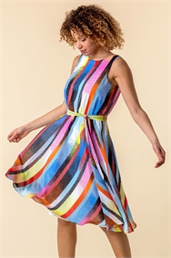 Multi Rainbow Stripe Print Midi Dress