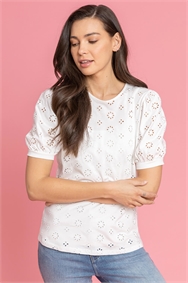 Ivory Puff Sleeve Broderie Detail Top