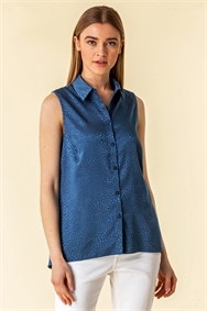 Petrol Blue Jacquard Animal Print Sleeveless Shirt