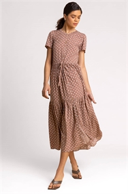 Taupe Spot Print Tiered Midi Shirt Dress
