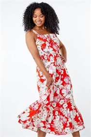 Red Petite Floral Tiered Midi Sundress
