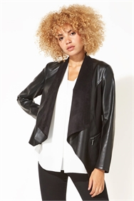 Black Faux Leather Suedette Waterfall Jacket