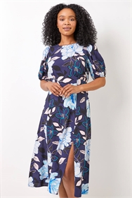 Navy Petite Floral Print Puff Sleeve Midi Dress