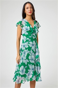 Green Floral Print Frill Midi Dress
