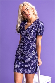 Navy Cotton Belted Wrap Shift Dress