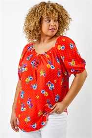 Red Curve Spot Floral Print Sweetheart Neck Top