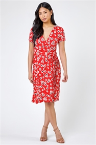 Red Petite Floral Jersey Wrap Dress