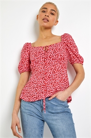 Red Ditsy Floral Tie Neck Peplum Top